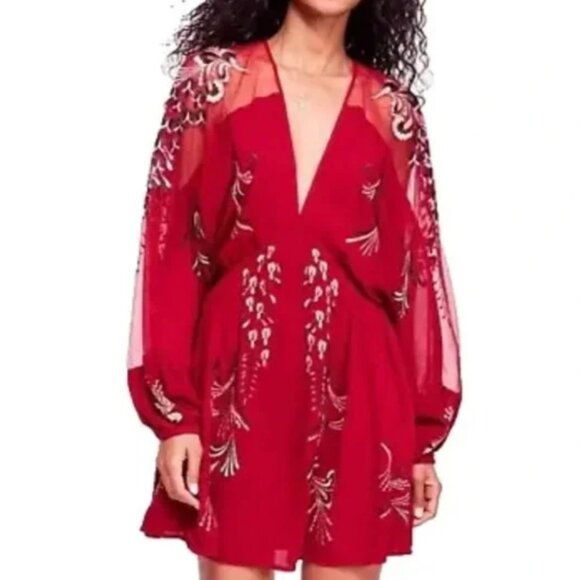 Free People Bonjour Red Floral Embroidered Long Sleeves Mini Dress - Picture 2 of 10